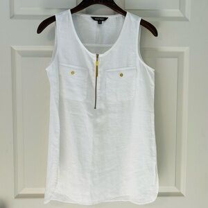 Ellen Tracy Small 100% Linen White Sleeveless Shirt with Gold Details